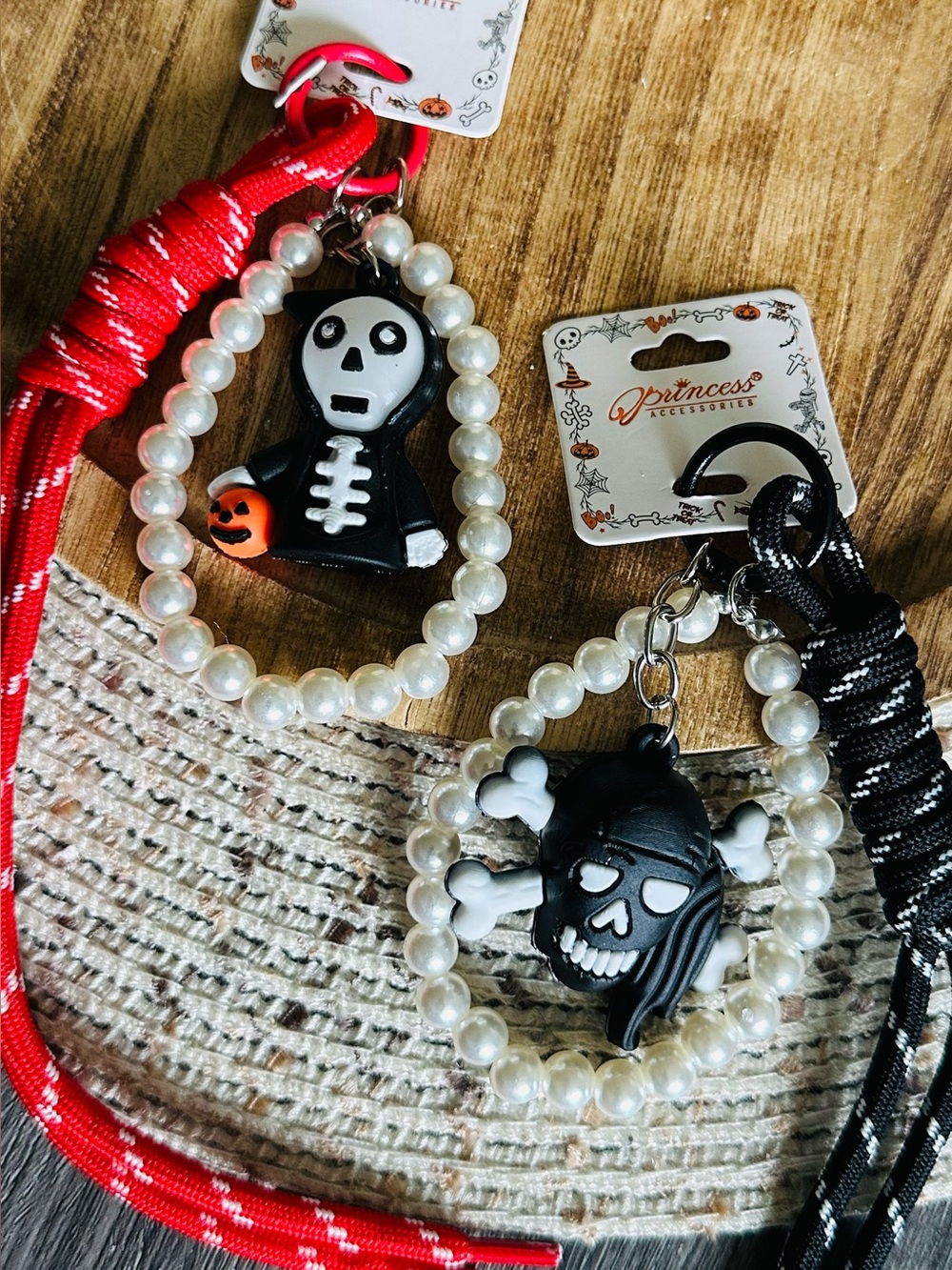 Set of 2 Halloween Pearl Wristlet Corded Bag Charm Keychain NWT